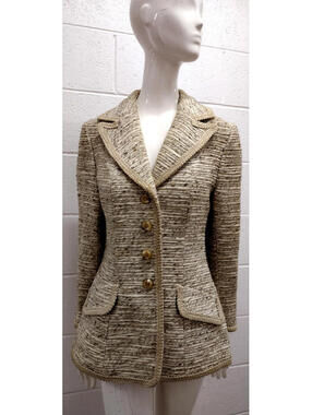 Lilli Ann Tailored Rich Jacket Wide Lapels Beige Brown Woven Carpet Material Med